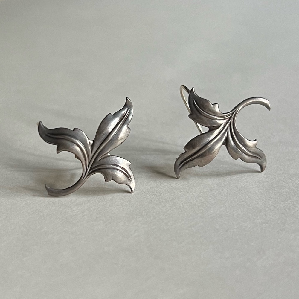 Antique Silver Leaf Earrings, Sterling Silver Conversion Dangle Earrings